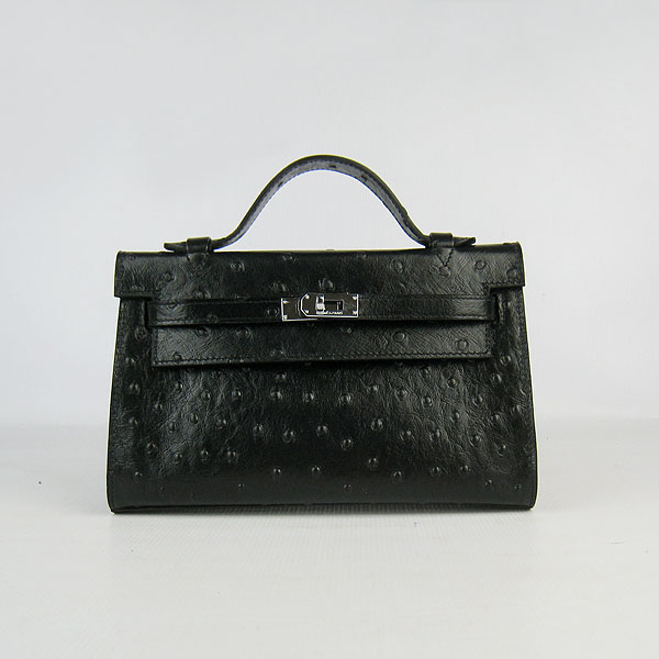 AAA Hermes Kelly 22 CM Ostrich Veins Handbag Black H008 On Sale - Click Image to Close